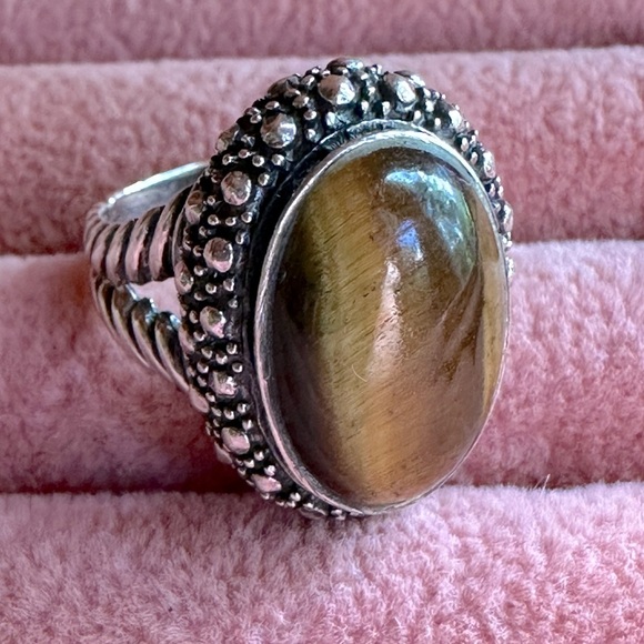 Vintage Tigers Eye Sterling Silver 925 Statement Ring Rope Details Boho Bohemian - Picture 6 of 17